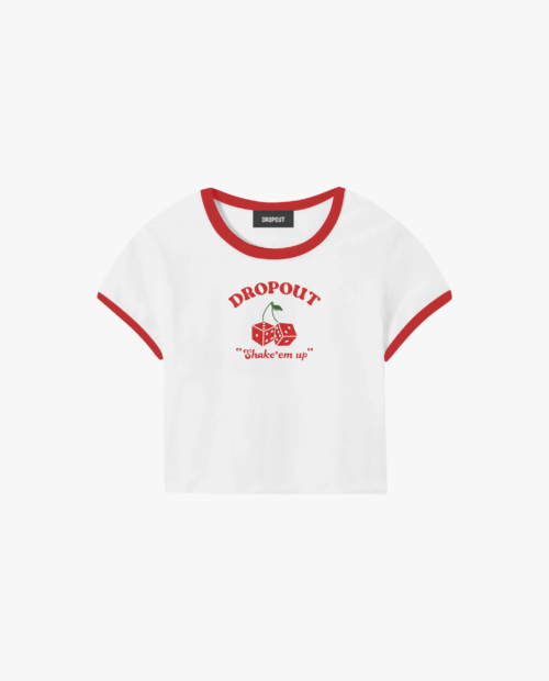 Mockup of the front of the Shake’Em Up Graphic Top by Dropout brand