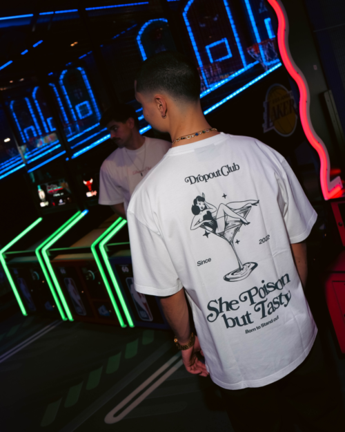 Close-up of a Dropout t-shirt showing bold graphic artwork